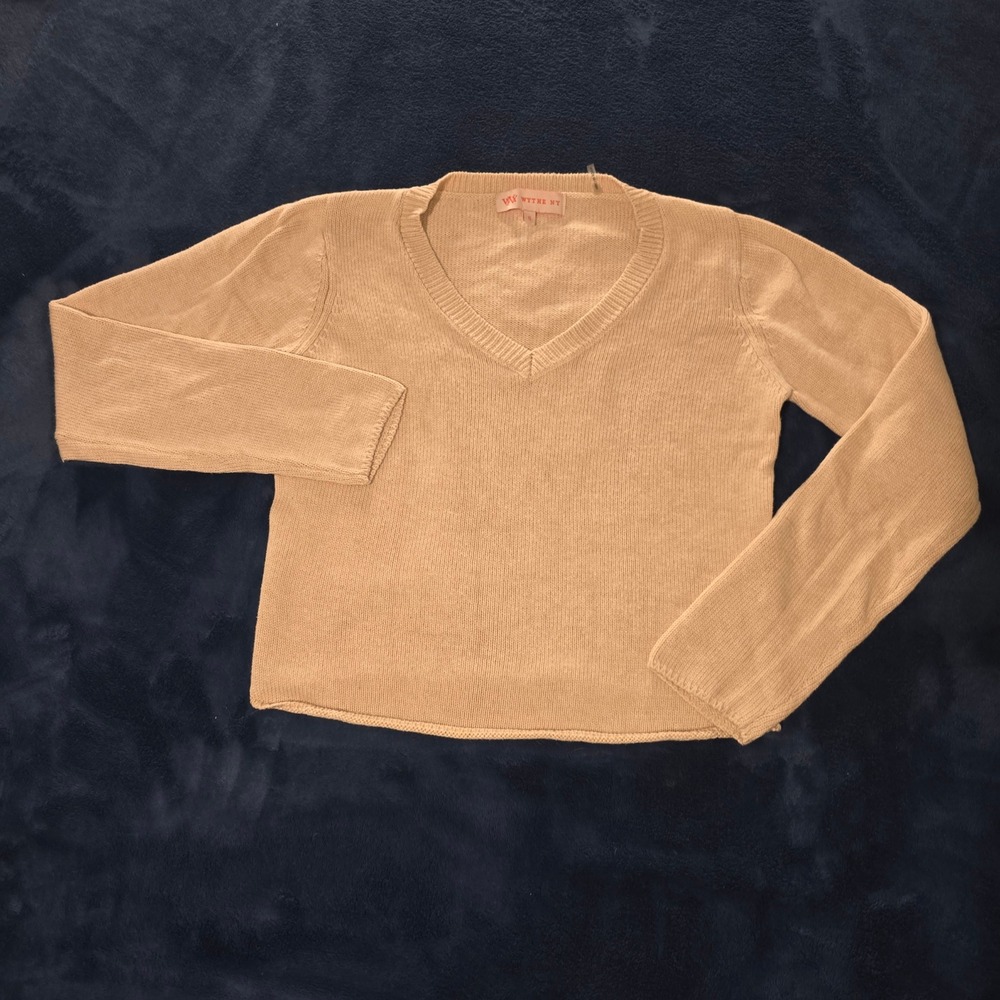 Wythe NY Tan Beige V-Neck Cotton Wool Blend Knit Cropped Sweater Womens Small